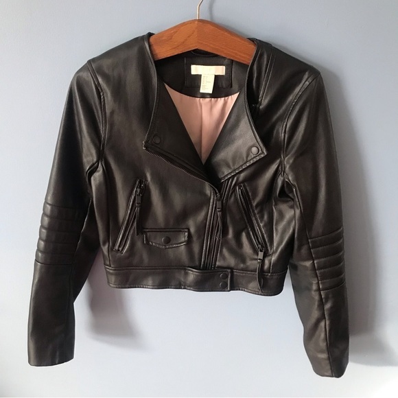 H&M Jackets & Blazers - H&M juniors black faux leather zip up moto jacket size 4